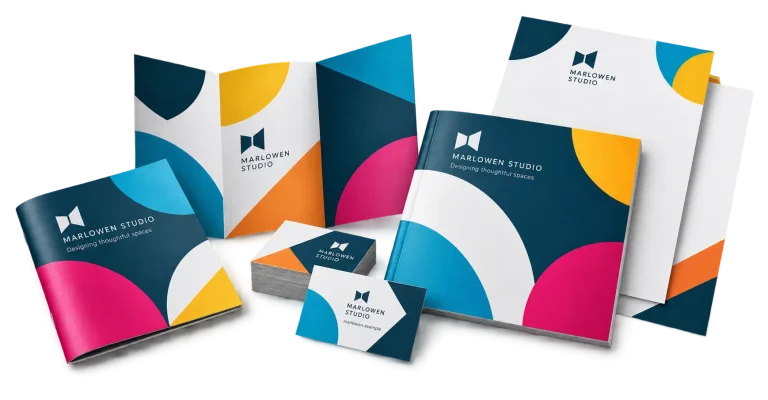 Illustration of printed brochures, stationery and business cards