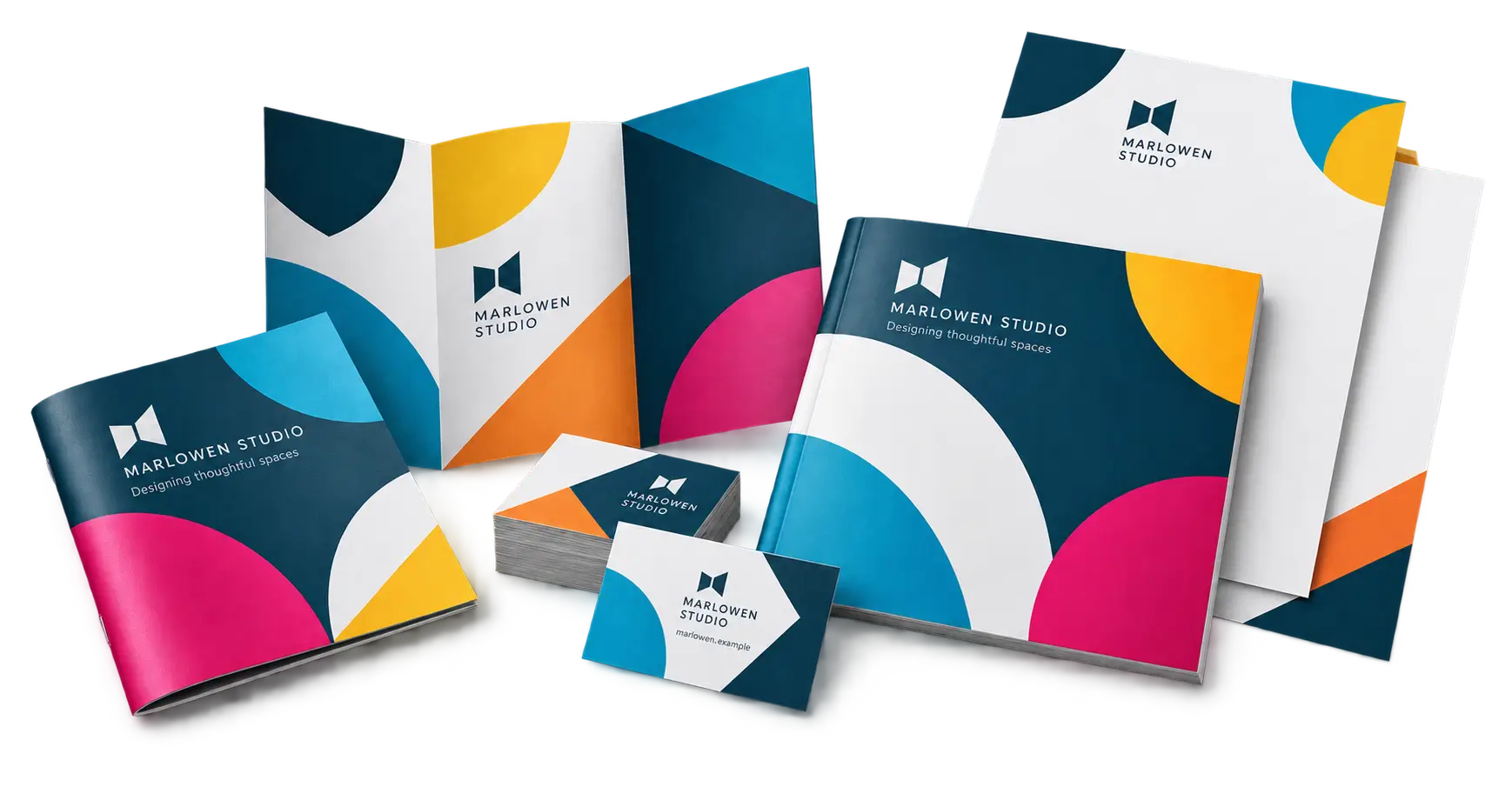 Illustration of printed brochures, stationery and business cards